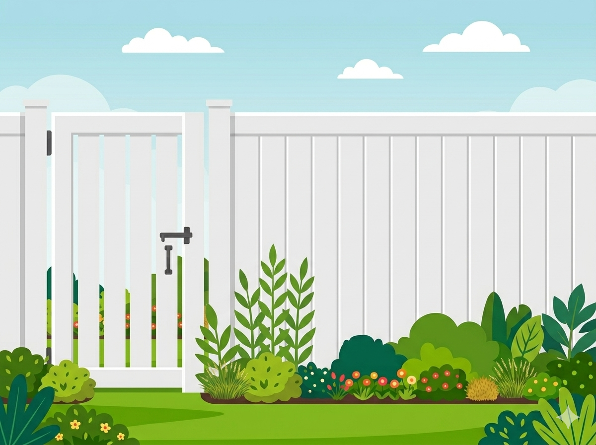 White vinyl fence with gate — Nanaimo